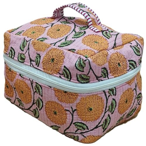 Rastogi Handicrafts Quilted Floral Cosmetic Bag, Organizer Bag Patterns, Striped Handle, Zipper Closure, Travel Make up Storage (Orange)