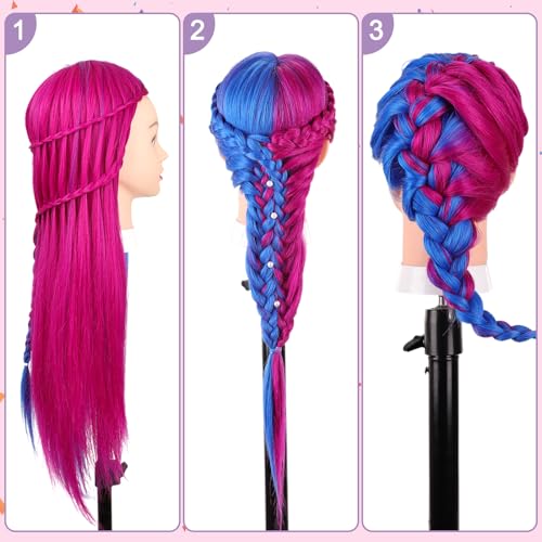 Mannequin Head with 60% Real Human Hair - Cosmetology Practice Head with Table Stand - Rosy and Blue Variation