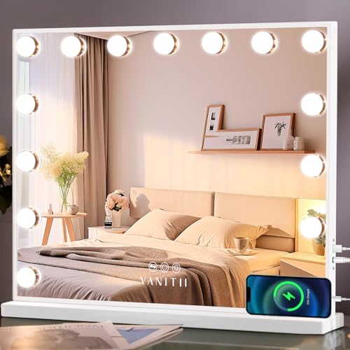 VANITII Hollywood Vanity Mirror with Lights USB Charging 22.8¡±*18.1¡± Lighted Makeup Mirror with 15 LED Bulbs Dimmable 3 Modes Tabletop for Cosmetic