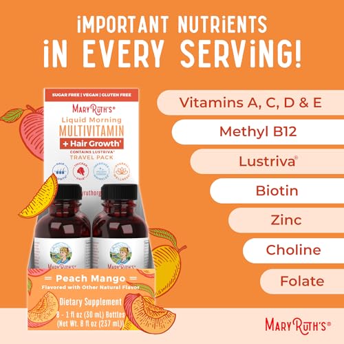 MaryRuth's Liquid Multivitamin + Hair Growth Travel Pack | 8 ct | Biotin 10000mcg | Lustriva Hair Growth Supplement | Clinically Tested in Women for Thicker Hair & Facial Wrinkle | Ages 18+ | 1 Fl Oz