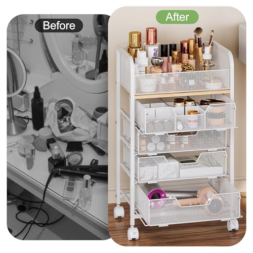 Makeup Cart Organizer with 4 Drawers, Large Floor Skincare Organizers, Vanity Storage Organizer Cosmetics Display Cases for Skin Care Perfume Nail Polish, White