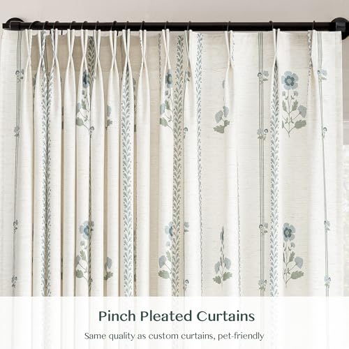 White Green 2-Pack Pinch Pleated Floral Linen Curtains 40x84 Inches for Living Room & Bedroom