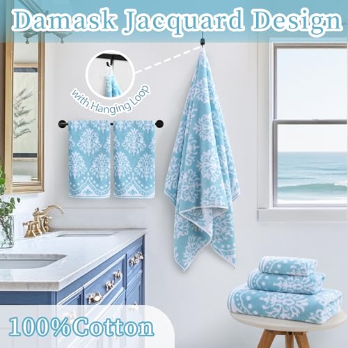 Cotton Wash Cloths Set - 6 Pieces 13x13 Inches Quick Dry Soft Absorbent Damask Pattern Aqua & White