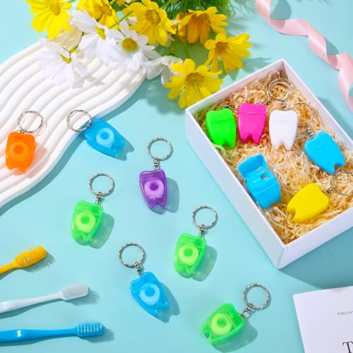 Landical 100 Pcs Mini Tooth-Shaped Dental Floss Keychains Bulk, Portable Oral Care, Mixed Colors