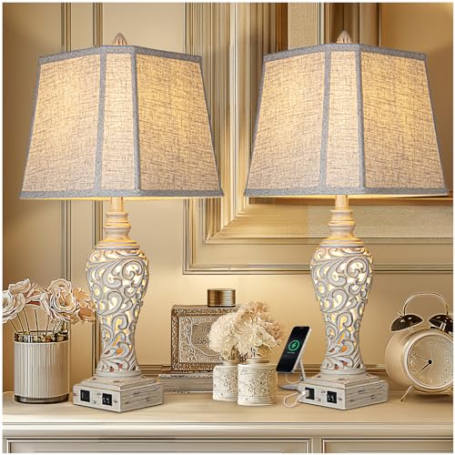 Cream Set of 2 28.5-Inch Bedside Table Lamps with Nightlight & USB Ports