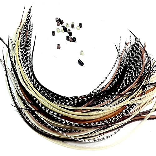 Rooster Feather Extensions Kit - 20 Real Feathers 8-11in with Micro Beads & Loop Tool