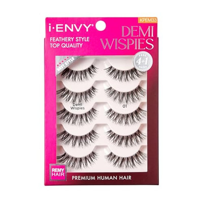 i?ENVY 5 Pairs Demi Wispies False Lashes (1 Pack), Premium Quality 100% Human Hair, Fluffy Feathered Eyelashes with Volume & Curl, Natural Look, Lightweight, Comfortable, Reusable for Everyday Wear