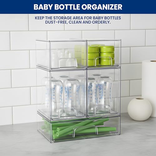 Baby Bottle Organizer Stackable, Acrylic Storage Drawers 5 pack with Non-Slip Pads, Pull-Out Drawers for Baby Bottle, Pump Parts, Pantry, Vanity Countertop (4.4" and 7.6" Tall and 12.1" Wide)