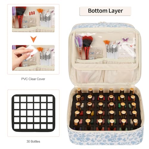 Ethereal Blue Flower Nail Polish Organizer Bag Holds 30+ Bottles & UV Nail Lamp