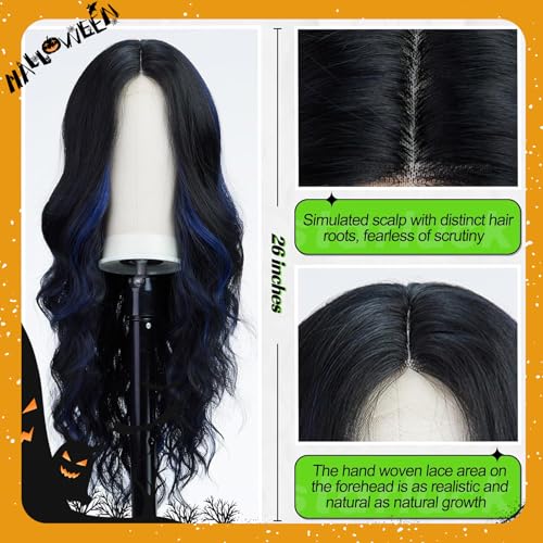 Long Wavy Black Wig with Blue Highlights - 26 Inch Synthetic Heat-Resistant Hairpiece for Daily & Party Use