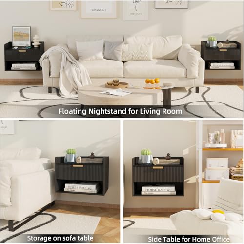 Black Floating Nightstand Set of 2 with Charging Stations & Drawer - Wall-Mounted Bedroom Furniture