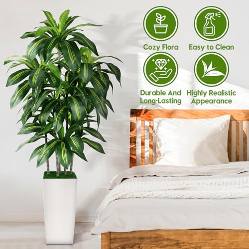 White 5FT Artificial Dracaena Tree Indoor with Planter - Realistic Faux Plant
