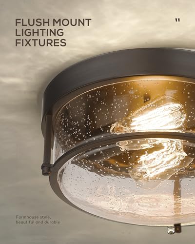 Farmhouse Flush Mount Ceiling Light Oil-Rubbed Bronze Seeded Glass - Indoor & Outdoor