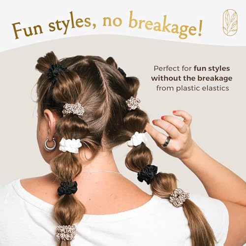 Curlfriend 4 Pack Mini Mulberry Silk Scrunchies for Women - Onyx Black, Gentle Curl Hold