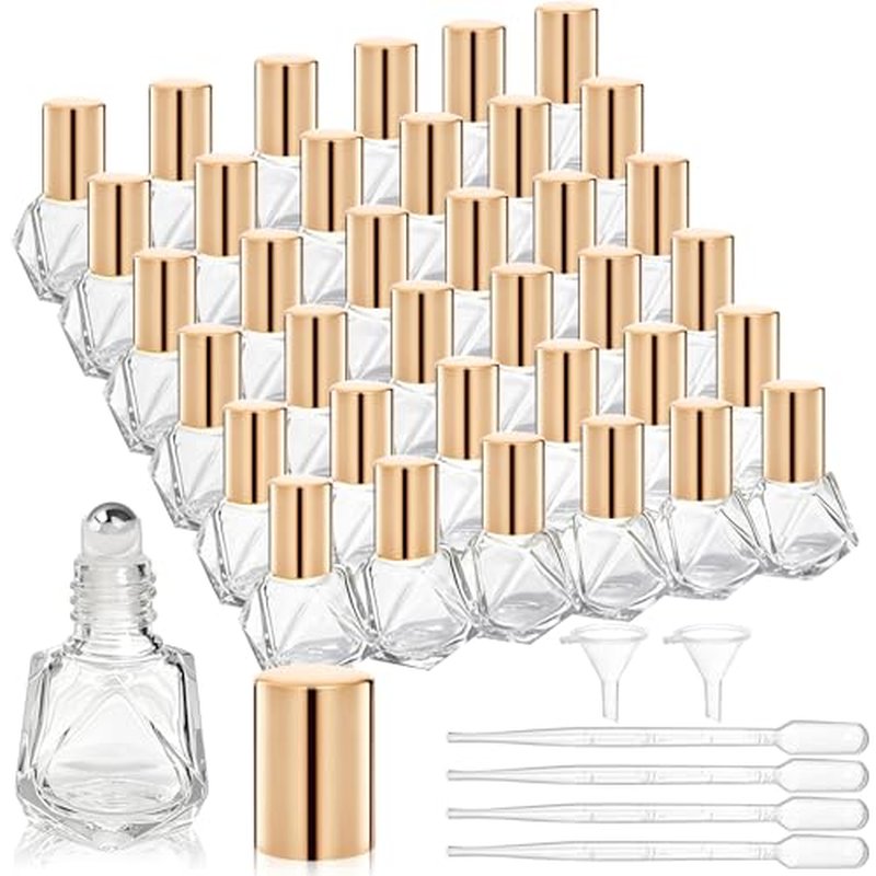 36 Pack Essential Oil Roller Bottles, 8ml/0.27oz Empty Roll On Bottle, Glass Polygonal Roller Ball Applicator, Perfume Vials with Stainless Steel Roller Ball for Travel, 4 Dropper, 2 Funnel