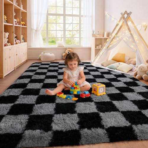 Black & Grey Checkered Shaggy Fuzzy Rug 8x10ft High Pile Living Room Carpet