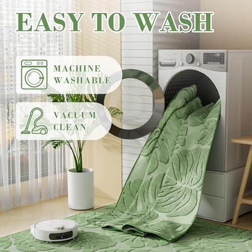Sage Green Monstera Area Rug 6x9 High-Low Plush Washable Non-Slip Floor Covering