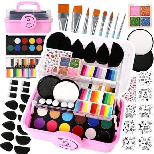 Professional Face Painting kit for kids, Depvision 68 Colors Split Cake Face Paint Kit, Non-Toxic Washable Safe Water Based Body Paint kit with Brushes Stencils Sponge Gems Glitter for Halloween gift