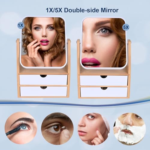 Rectangular Magnifying Makeup Mirror with Storage Box - 1X/5X Double-Sided, Bamboo Frame