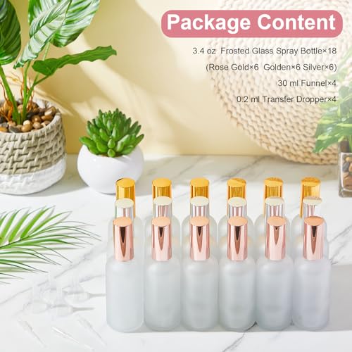 18 Pack 3.4 oz Glass Spray Bottles, Empty Perfume Frosted Fine Mist Atomizer, Refillable Small Travel Containers for Cleaning Products, Essential Oils, Body Sprays- Gold, Rose Golden, Silver