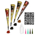 Tattoo Paste Cones, 4Pcs Semi Permanent Temporary Tattoos Kit, India Body DIY Art Painting for Women Men Teen, Summer Trend Freehand Paste with 3 Colors, 20 Adhesive Stencil, 1 Bottle, 4 Nozzles