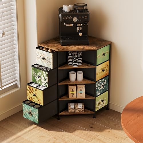 Corner Dresser with 8 Drawers & Shelves - Retro Pattern Variation