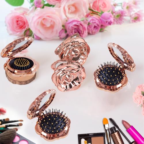 Set of 36 Rose Compact Mirrors & Hair Brushes with Organza Bags for Wedding & Party Favors