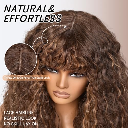 Highlight Mix Brown Curly Human Hair Wig with Bangs for Black Women - Long, Natural Look, True Scalp, Glueless, Effortless Style