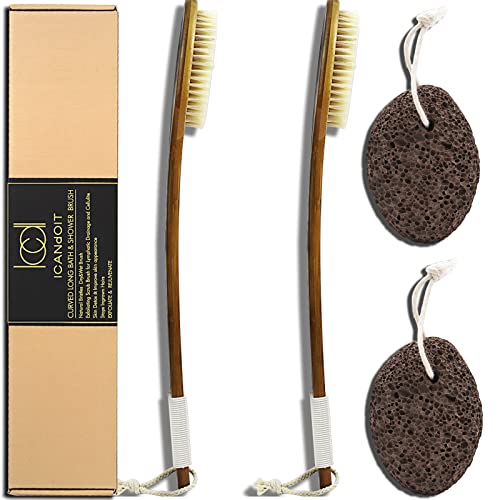 ICANdOIT 17.71 Inch Natural Boar Bristle Bath Brush with Pumice Set - Long Bent Handle, Anti-Slip Grip, 4 Pack