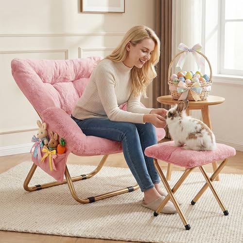 Foldable Faux Fur Lounge Chair - Pink Comfy Saucer Chair for Living Room & Bedroom