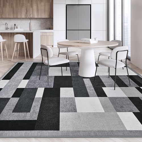 6x9 Black Geometric Area Rug - Modern Patchwork Washable Soft Carpet for Living Room & Bedroom