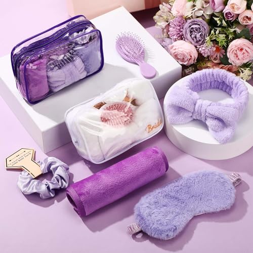 48 Pcs Bridesmaid Proposal Gifts Set Include Headband Scrunchies Hair Sleep Eye Mask Hairbrush Makeup Remover Cloth and Makeup Bag for Bridal Shower Party Bridesmaid Wedding(White,Purple)