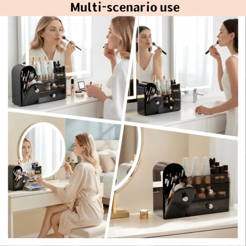 RONGZHIERK Makeup Organizer for Vanity with Brush Holder (Black) – Large Cosmetic Storage