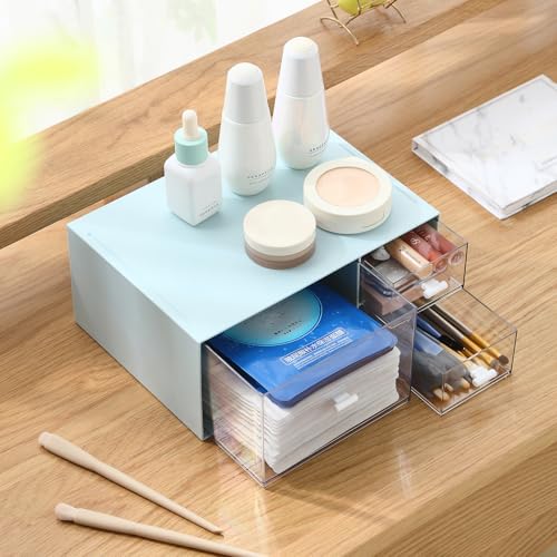 Blue 4-Drawer Makeup & Desk Organizer, Plastic Storage Box for Vanity & Office