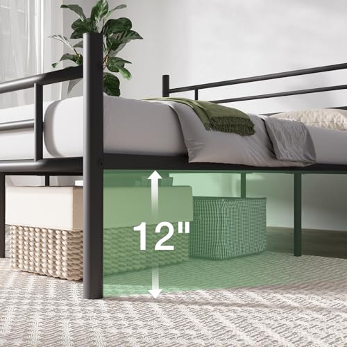 Full Size Metal Bed Frame with Headboard & Footboard - Dark Black, 14 Inch Platform with Under Bed Storage