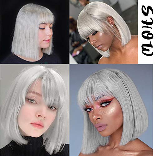 MERISIHAIR Silver Gray Short Bob Wig with Bangs for Women - Straight, Realistic Synthetic Hair, 11-inch Style
