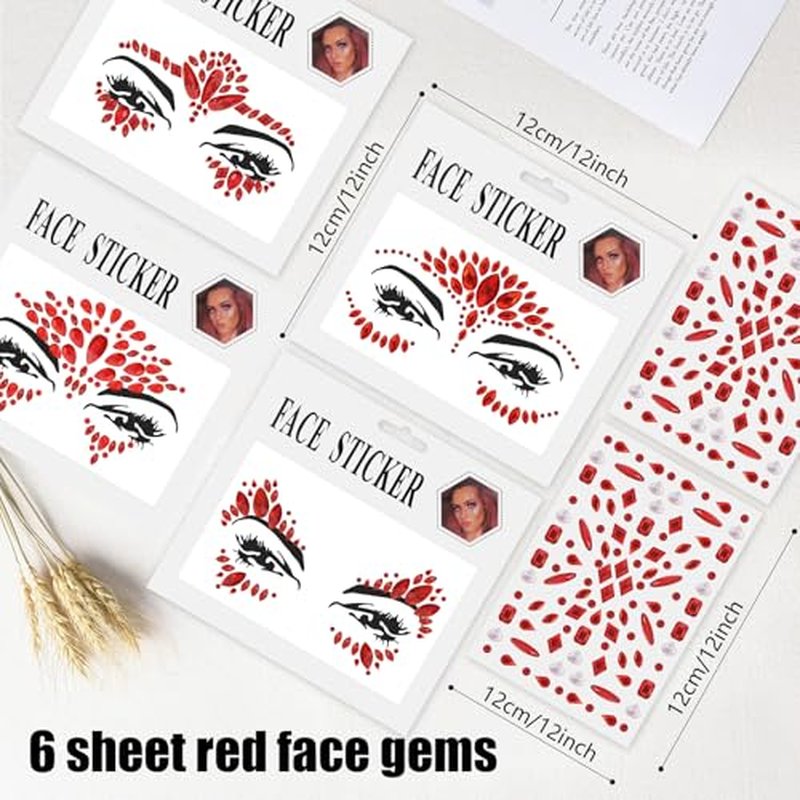 Erythem Face Gems for Women 6 Sheets Red Face Jewels Stick On Self Adhesive Rhinestones Stickers for Halloween Makeup Music Festival Rave Party