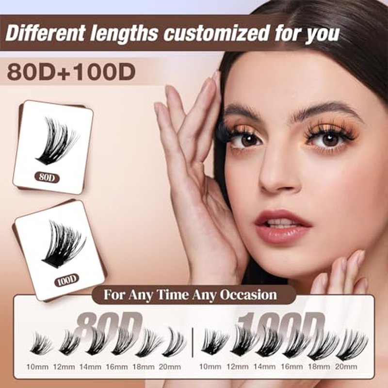 Lash Clusters Kit, DIY Cluster Eyelash Extensions 10?20mm, 80D+100D, 216pcs Fluffy D Curl Natural Lashes with Bond & Seal,Remover,Tweezers ? Fake Cat Eye Individual Clusters