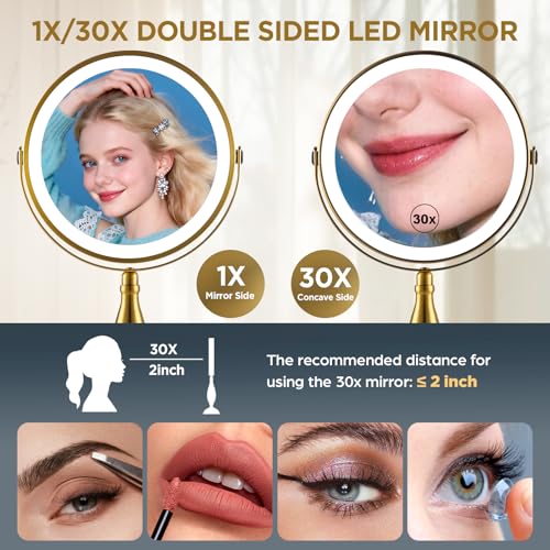 DASLAVA Gold 30X Magnifying Makeup Mirror with Lights, Rotatable & Rechargeable