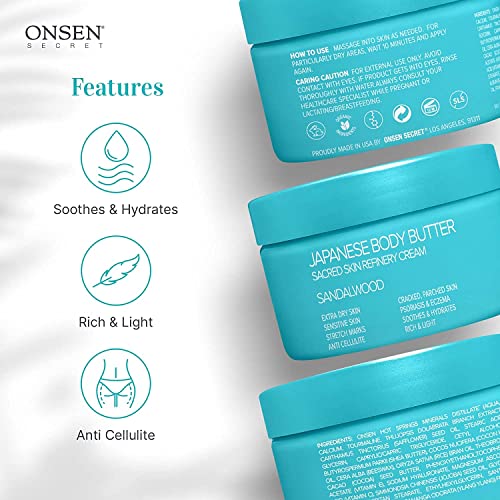 Onsen Japanese Body Butter for Women - Skin Refinery Cream Natural and Organic Shea Butter Moisturizing Clear Skin Exfoliator with Coconut Oil and Vitamin E - 8.6 fl oz / 255 ml (Sandalwood)