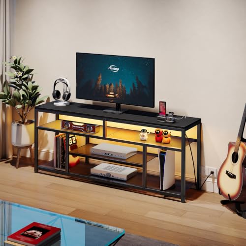 HOOBRO 65-Inch TV Stand with Charging Station – 4-Tier Open Media Console, Black