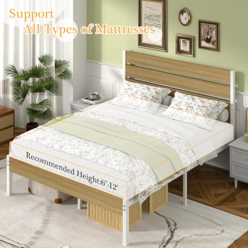Full Size Metal Bed Frame with Wood Headboard - Natural & White, Heavy-Duty Platform