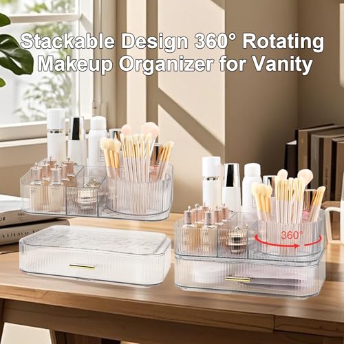 DASITON Clear Makeup Organizer with 1 Tray & 1 Drawer, Rotatable Cosmetic Storage