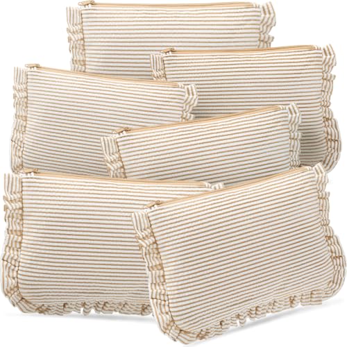 Sanwuta 6 Pcs Seersucker Makeup Bags for Women, Striped Khaki