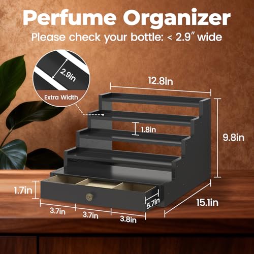 EsLuker.ly Perfume Organizer Cologne Holder Stand for Men, Wooden Cologne Display Shelf for Bedroom Dresser Countertop, 5 Tier Large Capacity Storage Rack with Drawer, Keep Fragrance Neat & Accessible
