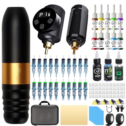 Wireless Tattoo Kit with Dual Batteries & Complete Supplies - Gold