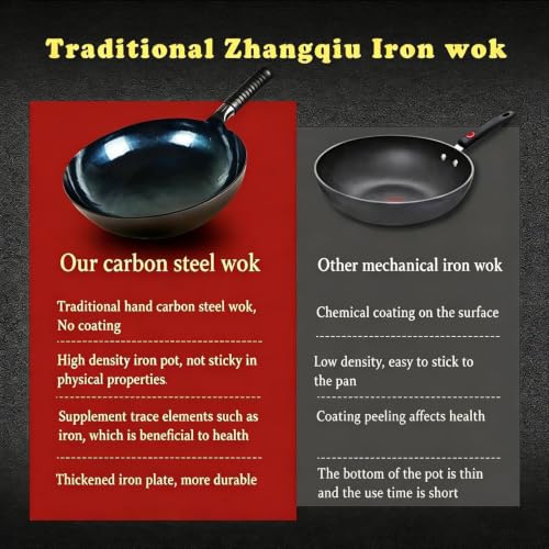 14-Inch Carbon Steel Wok Round Bottom with Wooden Lid & Rubber Handle - Gas Stove Ready, Traditional Chinese Cooking, 14in / Rubber Handle