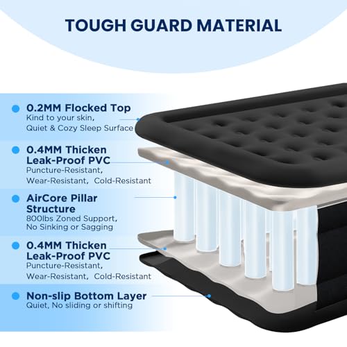 Queen Air Mattress with Headboard & Built-In Pump, Heavy Duty Support