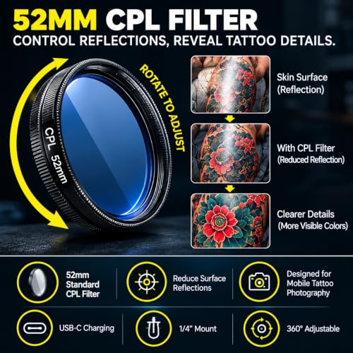 Photography Tattoo Light with Polarized Anti-Glare LED, 120 LEDs & CPL Filter for Tattoo Artists