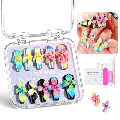Handmade Press On Nails Almond 3D Hand Painted Flower Fake Nails with Cherry Droplet Designs Reusable Stick On Kit